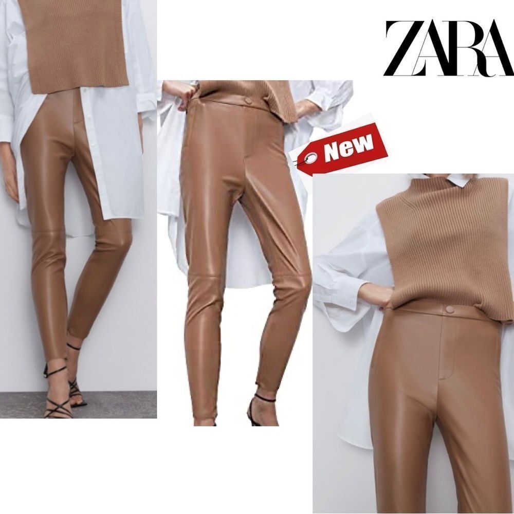𝅺ZARA camel brown faux leather vegan hi-rise leggings Sz S NWT